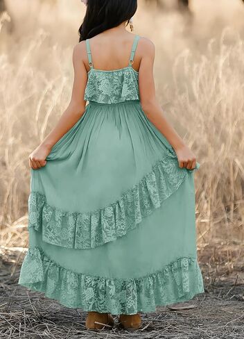 MITILLY Girls Boho Lace Flower Dresses Square Neck Sleeveless Ruffle Tiered Flowy Party Maxi Dress with Pockets in Saudi Arabia