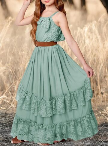 MITILLY Girls Boho Lace Flower Dresses Square Neck Sleeveless Ruffle Tiered Flowy Party Maxi Dress with Pockets in Saudi Arabia