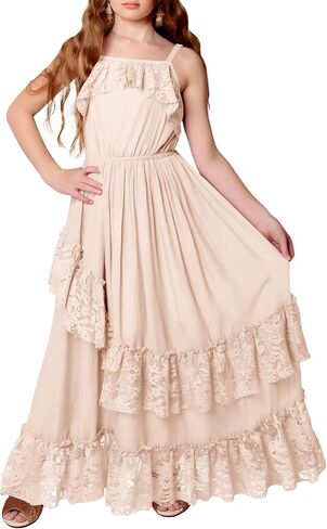 MITILLY Girls Boho Lace Flower Dresses Square Neck Sleeveless Ruffle Tiered Flowy Party Maxi Dress with Pockets in Saudi Arabia