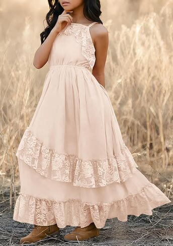 MITILLY Girls Boho Lace Flower Dresses Square Neck Sleeveless Ruffle Tiered Flowy Party Maxi Dress with Pockets in Saudi Arabia