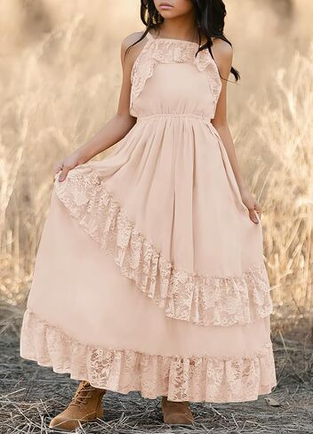 MITILLY Girls Boho Lace Flower Dresses Square Neck Sleeveless Ruffle Tiered Flowy Party Maxi Dress with Pockets in Saudi Arabia