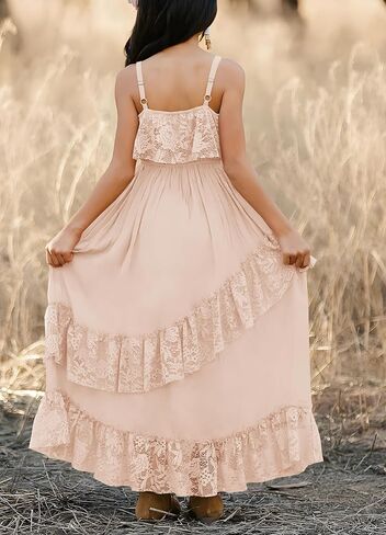 MITILLY Girls Boho Lace Flower Dresses Square Neck Sleeveless Ruffle Tiered Flowy Party Maxi Dress with Pockets in Saudi Arabia