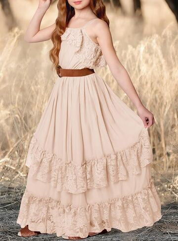MITILLY Girls Boho Lace Flower Dresses Square Neck Sleeveless Ruffle Tiered Flowy Party Maxi Dress with Pockets in Saudi Arabia
