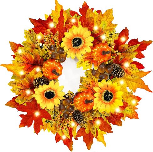 [Prelit & Timer]16 Inch 20 LED Sunflower Fall Wreaths for Front Door, Fall Door Wreaths Fall Decorations Mixcolor Maples Leafed Pumpkin Pinecone Berry Acorn Thanksgiving Wreath for Home Outdoor Indoor in Saudi Arabia