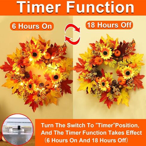 [Prelit & Timer]16 Inch 20 LED Sunflower Fall Wreaths for Front Door, Fall Door Wreaths Fall Decorations Mixcolor Maples Leafed Pumpkin Pinecone Berry Acorn Thanksgiving Wreath for Home Outdoor Indoor in Saudi Arabia
