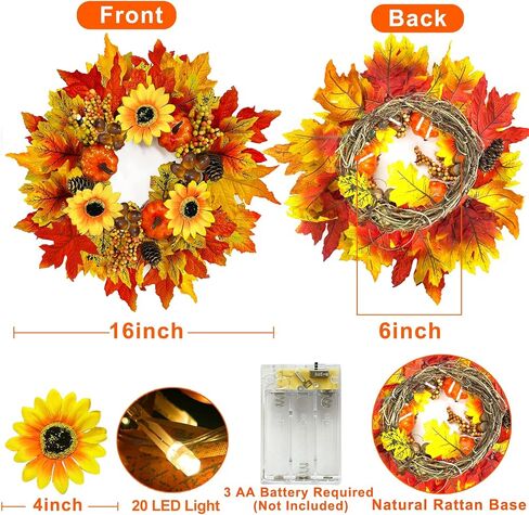[Prelit & Timer]16 Inch 20 LED Sunflower Fall Wreaths for Front Door, Fall Door Wreaths Fall Decorations Mixcolor Maples Leafed Pumpkin Pinecone Berry Acorn Thanksgiving Wreath for Home Outdoor Indoor in Saudi Arabia