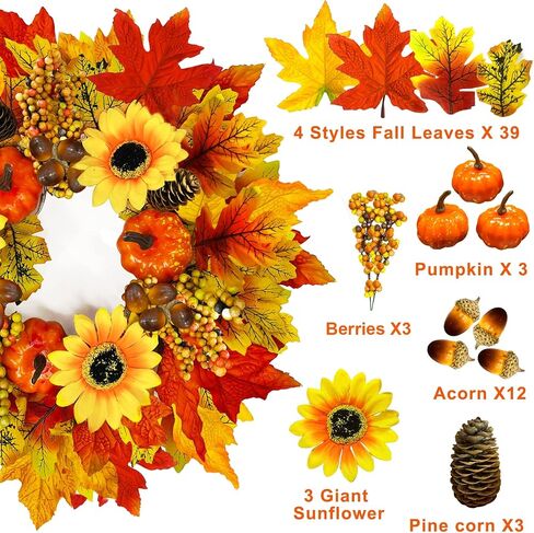 [Prelit & Timer]16 Inch 20 LED Sunflower Fall Wreaths for Front Door, Fall Door Wreaths Fall Decorations Mixcolor Maples Leafed Pumpkin Pinecone Berry Acorn Thanksgiving Wreath for Home Outdoor Indoor in Saudi Arabia