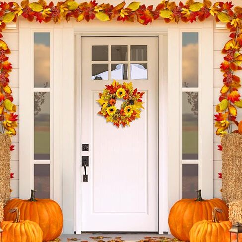 [Prelit & Timer]16 Inch 20 LED Sunflower Fall Wreaths for Front Door, Fall Door Wreaths Fall Decorations Mixcolor Maples Leafed Pumpkin Pinecone Berry Acorn Thanksgiving Wreath for Home Outdoor Indoor in Saudi Arabia