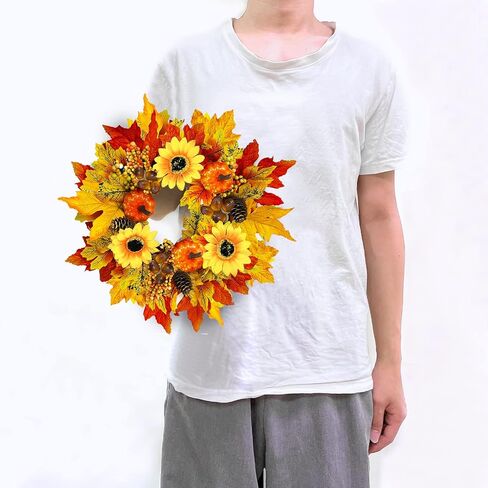 [Prelit & Timer]16 Inch 20 LED Sunflower Fall Wreaths for Front Door, Fall Door Wreaths Fall Decorations Mixcolor Maples Leafed Pumpkin Pinecone Berry Acorn Thanksgiving Wreath for Home Outdoor Indoor in Saudi Arabia