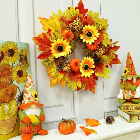 [Prelit & Timer]16 Inch 20 LED Sunflower Fall Wreaths for Front Door, Fall Door Wreaths Fall Decorations Mixcolor Maples Leafed Pumpkin Pinecone Berry Acorn Thanksgiving Wreath for Home Outdoor Indoor in Saudi Arabia