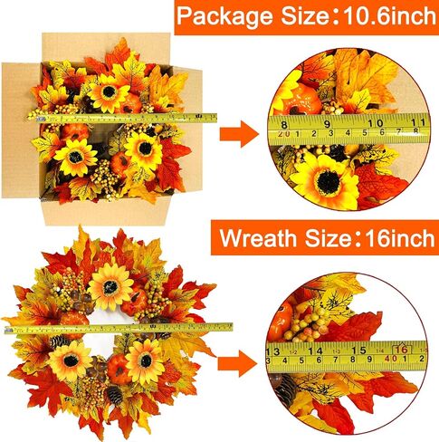 [Prelit & Timer]16 Inch 20 LED Sunflower Fall Wreaths for Front Door, Fall Door Wreaths Fall Decorations Mixcolor Maples Leafed Pumpkin Pinecone Berry Acorn Thanksgiving Wreath for Home Outdoor Indoor in Saudi Arabia