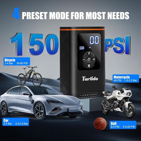 Tire Inflator Portable Air Compressor, 150 PSI Smart Air Pump for Car Tires Cordless with Digital Pressure and LED Light, Quick Inflation for Car, Motorcycle, Bicycle and Balls in Kuwait