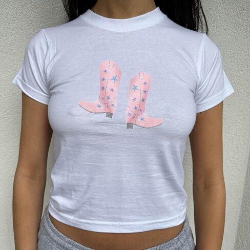 Y2k Graphic Baby Tees for Women Fruit Bow Shirt Crop Top Vintage Aesthetic Teen Girl Clothes 90s Summer Clothing in Saudi Arabia