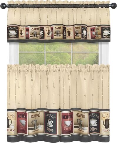 Complete 3 Piece Seattle Coffee Shoppe Retro Cafe Rod Pocket Kitchen Curtain Tier & Valance Set - Assorted Sizes (36 in. Long) in Saudi Arabia