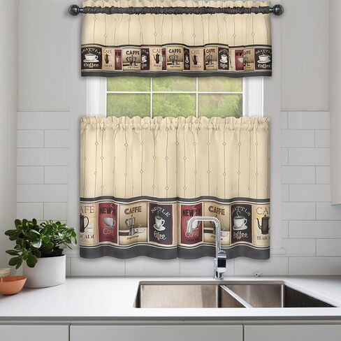 Complete 3 Piece Seattle Coffee Shoppe Retro Cafe Rod Pocket Kitchen Curtain Tier & Valance Set - Assorted Sizes (36 in. Long) in Saudi Arabia