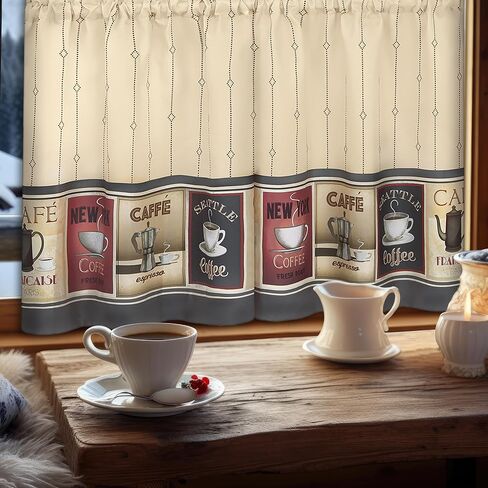 Complete 3 Piece Seattle Coffee Shoppe Retro Cafe Rod Pocket Kitchen Curtain Tier & Valance Set - Assorted Sizes (36 in. Long) in Saudi Arabia