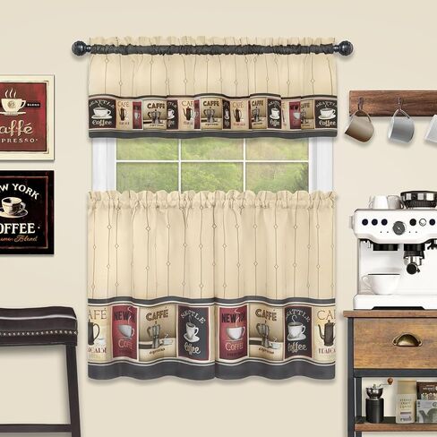 Complete 3 Piece Seattle Coffee Shoppe Retro Cafe Rod Pocket Kitchen Curtain Tier & Valance Set - Assorted Sizes (36 in. Long) in Saudi Arabia