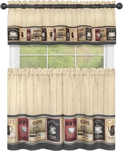 Complete 3 Piece Seattle Coffee Shoppe Retro Cafe Rod Pocket Kitchen Curtain Tier & Valance Set - Assorted Sizes (36 in. Long) in Saudi Arabia