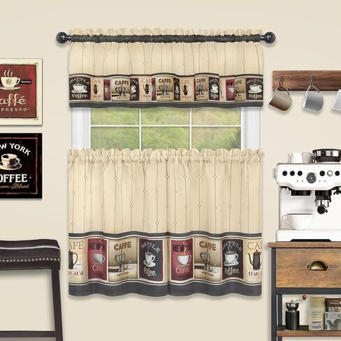 Complete 3 Piece Seattle Coffee Shoppe Retro Cafe Rod Pocket Kitchen Curtain Tier & Valance Set - Assorted Sizes (36 in. Long) in Saudi Arabia