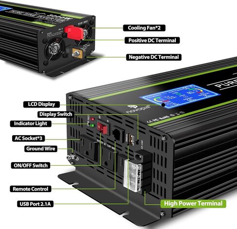 NOVOPAL 2000 Watt Pure Sine Wave Power Inverter DC 12V to AC 110V 120V Rv Inverters with 1 USB Port-16 feet Remote Control, LCD Display for Truck, Hurricane, Home in Saudi Arabia