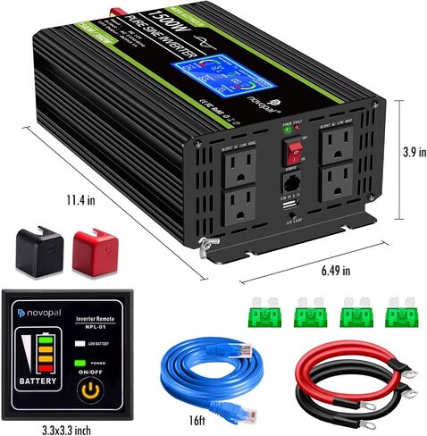 NOVOPAL 2000 Watt Pure Sine Wave Power Inverter DC 12V to AC 110V 120V Rv Inverters with 1 USB Port-16 feet Remote Control, LCD Display for Truck, Hurricane, Home in Saudi Arabia
