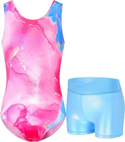 Gymnastics Leotards for Girls Sparkly Tumbling Bodysuits with Shorts Athletic Activewear Sleeveless Dance Outfit in Saudi Arabia