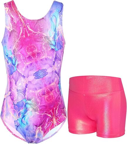 Gymnastics Leotards for Girls Sparkly Tumbling Bodysuits with Shorts Athletic Activewear Sleeveless Dance Outfit in Saudi Arabia