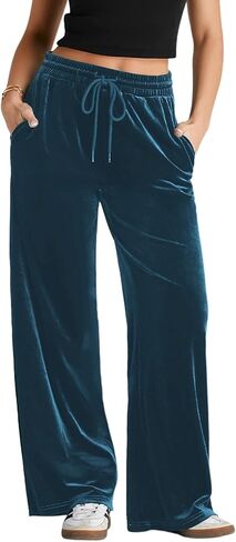 Herseas Women's Velvet Pants Drawstring Waist Wide Leg Casual Lounge Pant in Saudi Arabia