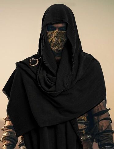 L'VOW Medieval Hooded Cloak Shaman Ninja Shawl Post Apocalyptic Wrap Scarf Cowl Rogue Hood Cape Viking Renaissance Costume in Kuwait
