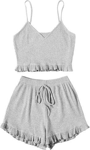Avanova Women Sexy 2 Piece Pajama Set Ruffle Trim Cami Top and Shorts Sleepwear Set in Kuwait