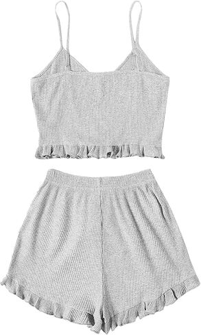 Avanova Women Sexy 2 Piece Pajama Set Ruffle Trim Cami Top and Shorts Sleepwear Set in Kuwait