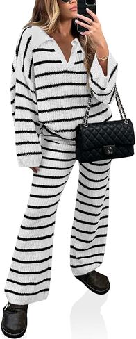 Yousify طقم مكون من قطعتين للنساء بأكمام طويلة ورقبة على شكل V طقم سترة ملابس خريف مخططة 2024 S-2XL in Kuwait