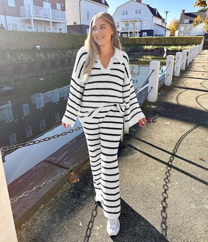 Yousify طقم مكون من قطعتين للنساء بأكمام طويلة ورقبة على شكل V طقم سترة ملابس خريف مخططة 2024 S-2XL in Kuwait