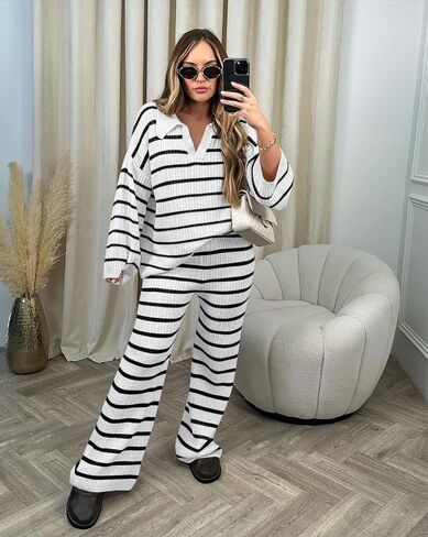 Yousify طقم مكون من قطعتين للنساء بأكمام طويلة ورقبة على شكل V طقم سترة ملابس خريف مخططة 2024 S-2XL in Kuwait