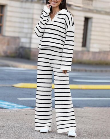 Yousify طقم مكون من قطعتين للنساء بأكمام طويلة ورقبة على شكل V طقم سترة ملابس خريف مخططة 2024 S-2XL in Kuwait