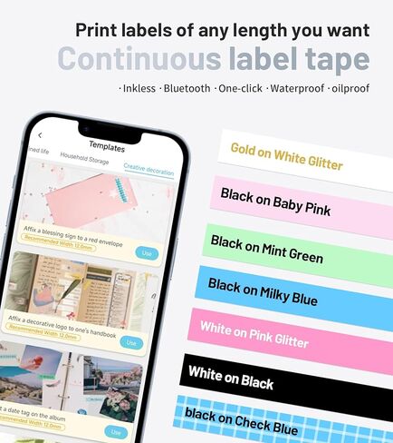 ماكينة صنع الملصقات مع شريط D1600 محمولة بتقنية البلوتوث، ماكينة صنع الملصقات اللاسلكية لتنظيم المنزل والمكتب، صانع ملصقات صغير مع قوالب متعددة، أبيض-وردي in Kuwait