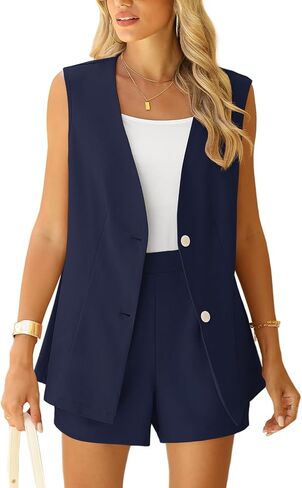 QUEZHU 2 Piece Sets for Women Summer Linen Sleeveless Blazer and Shorts Set 2024 Dressy Casual Outfits Matching Set in Saudi Arabia
