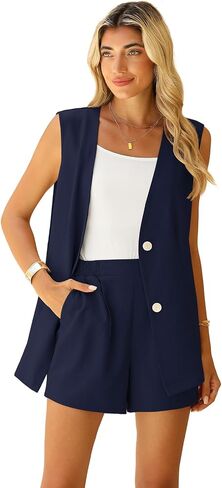 QUEZHU 2 Piece Sets for Women Summer Linen Sleeveless Blazer and Shorts Set 2024 Dressy Casual Outfits Matching Set in Saudi Arabia