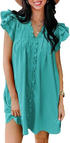 AlvaQ Womens Summer Dresses 2024 V Neck Ruffle Cap Short Sleeve Mini Dress Casual Flowy Pleated A Line Sundress with Pockets in Saudi Arabia