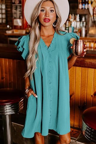 AlvaQ Womens Summer Dresses 2024 V Neck Ruffle Cap Short Sleeve Mini Dress Casual Flowy Pleated A Line Sundress with Pockets in Saudi Arabia