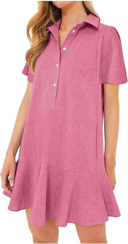 فستان نسائي بأزرار سفلية على شكل قميص صيفي كاجوال بأكمام قصيرة من القطن والكتان، فساتين قصيرة قصيرة in Kuwait
