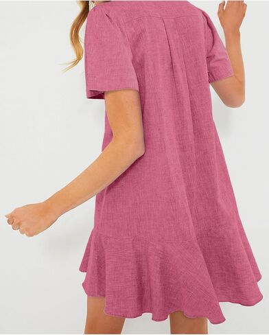 فستان نسائي بأزرار سفلية على شكل قميص صيفي كاجوال بأكمام قصيرة من القطن والكتان، فساتين قصيرة قصيرة in Kuwait