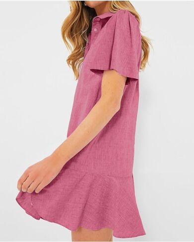 فستان نسائي بأزرار سفلية على شكل قميص صيفي كاجوال بأكمام قصيرة من القطن والكتان، فساتين قصيرة قصيرة in Kuwait