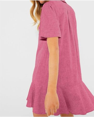 فستان نسائي بأزرار سفلية على شكل قميص صيفي كاجوال بأكمام قصيرة من القطن والكتان، فساتين قصيرة قصيرة in Kuwait