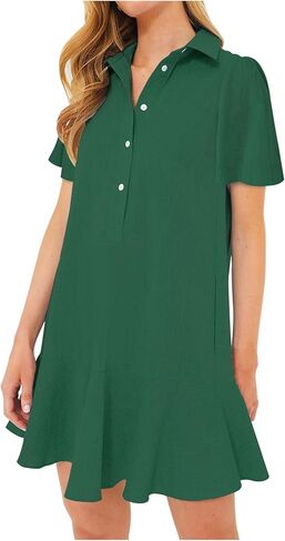 فستان نسائي بأزرار سفلية على شكل قميص صيفي كاجوال بأكمام قصيرة من القطن والكتان، فساتين قصيرة قصيرة in Kuwait