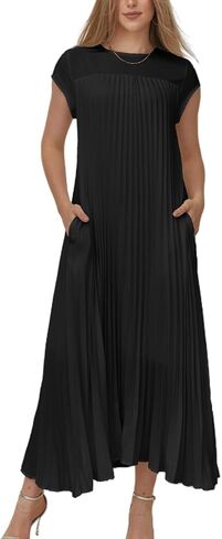 HOULENGS Women's 2024 Casual Short Sleeve Pleated Maxi Dress Loose Fit Crewneck Flowy Long Dress with Pockets in Saudi Arabia