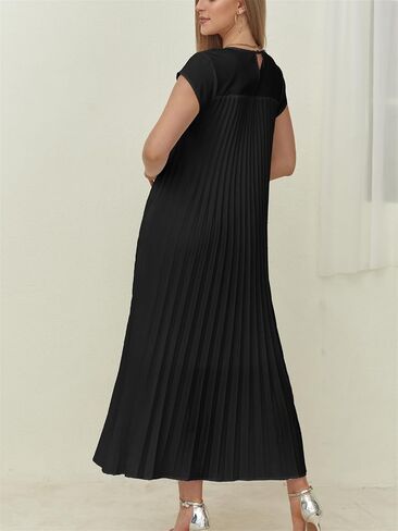 HOULENGS Women's 2024 Casual Short Sleeve Pleated Maxi Dress Loose Fit Crewneck Flowy Long Dress with Pockets in Saudi Arabia