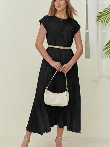 HOULENGS Women's 2024 Casual Short Sleeve Pleated Maxi Dress Loose Fit Crewneck Flowy Long Dress with Pockets in Saudi Arabia