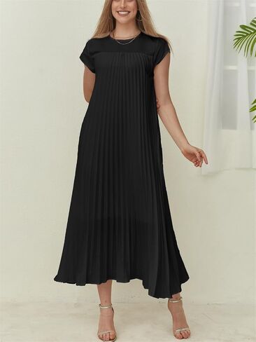 HOULENGS Women's 2024 Casual Short Sleeve Pleated Maxi Dress Loose Fit Crewneck Flowy Long Dress with Pockets in Saudi Arabia