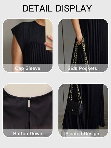 HOULENGS Women's 2024 Casual Short Sleeve Pleated Maxi Dress Loose Fit Crewneck Flowy Long Dress with Pockets in Saudi Arabia